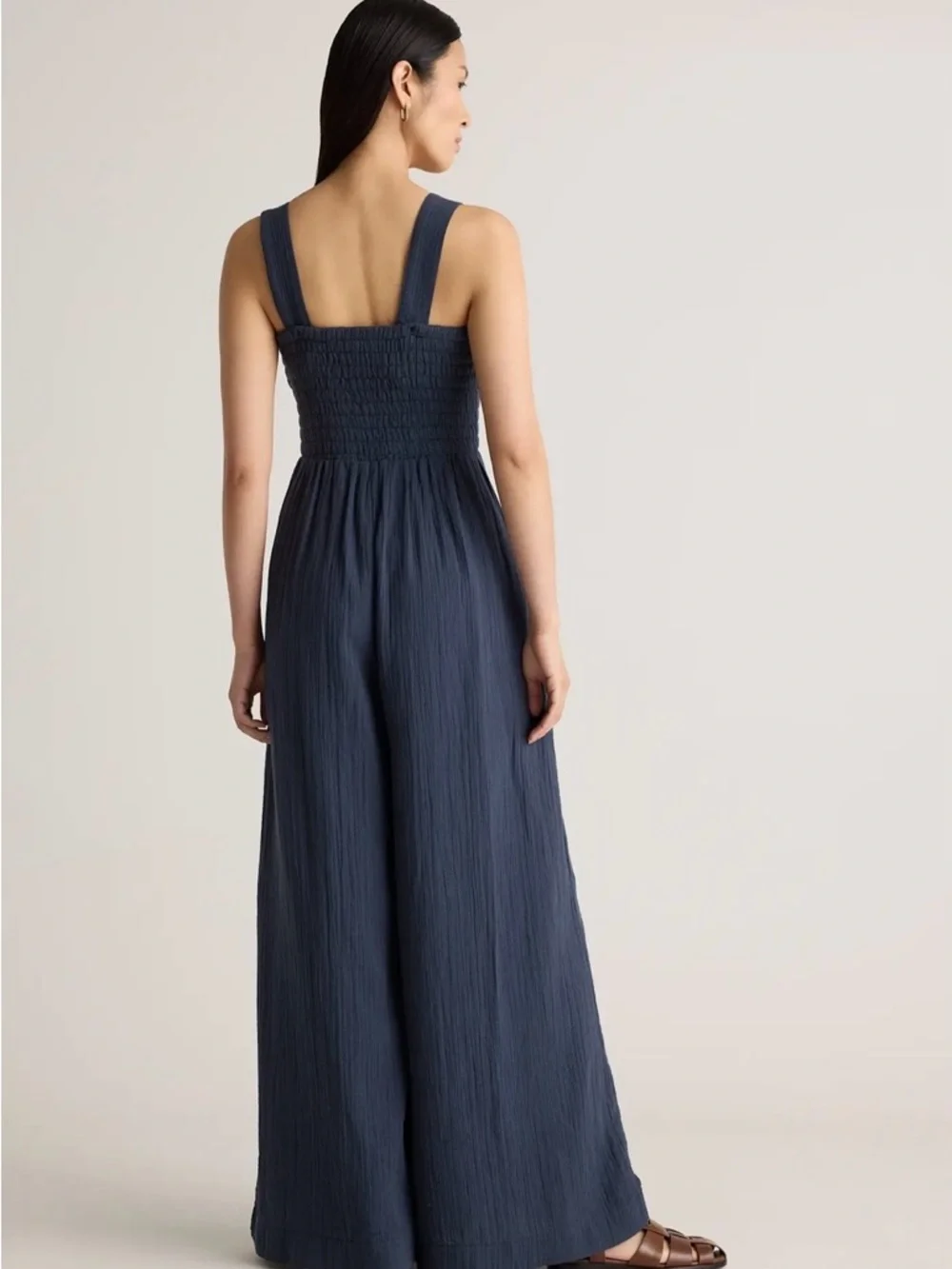 Quince Womens 100% Gauze Cotton Navy Smocked Wide-Leg Jumpsuit M - Picture 3 of 5